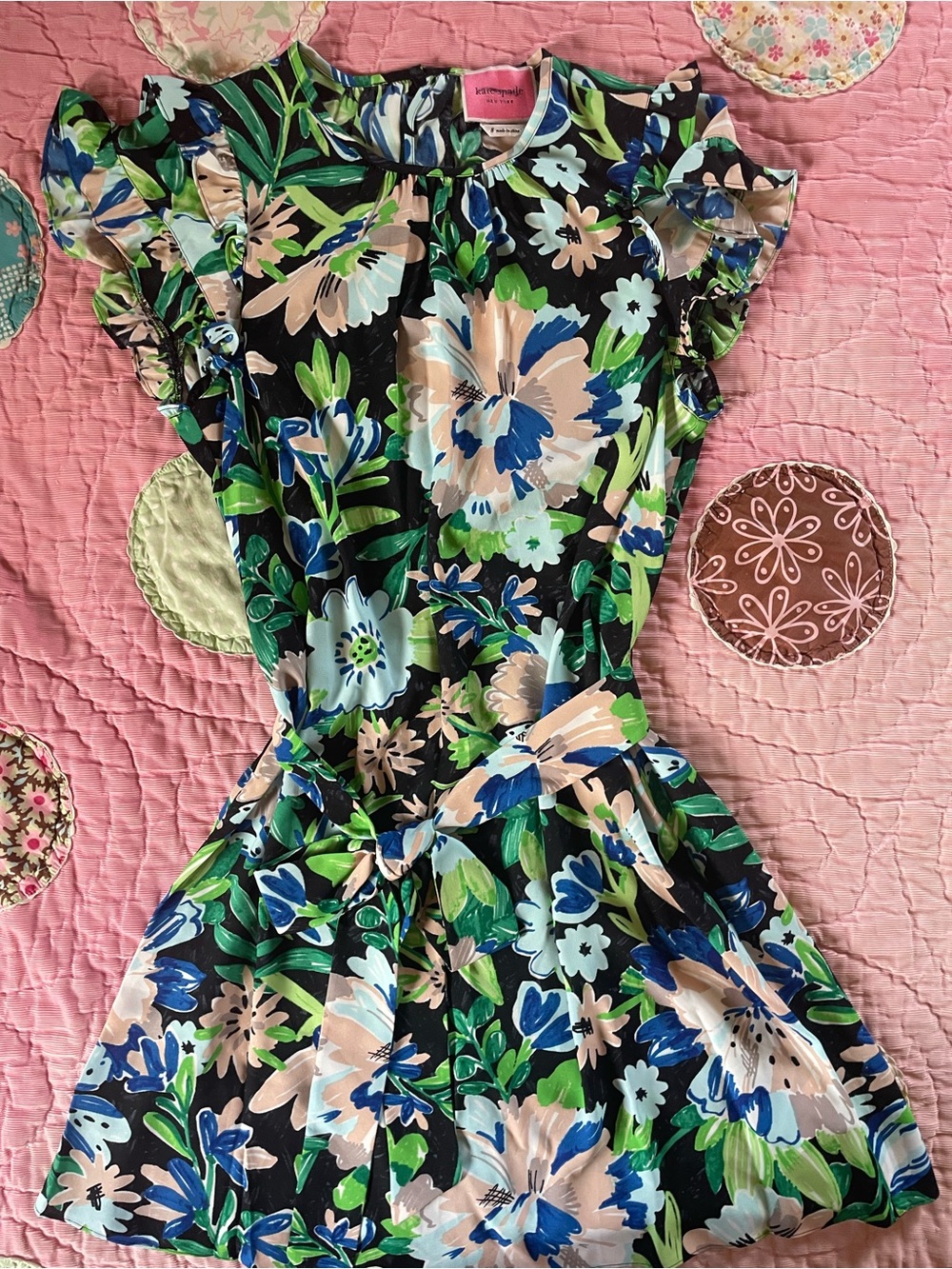 kate spade Black Floral Ruffle-Sleeve Mini Dress NWOT
